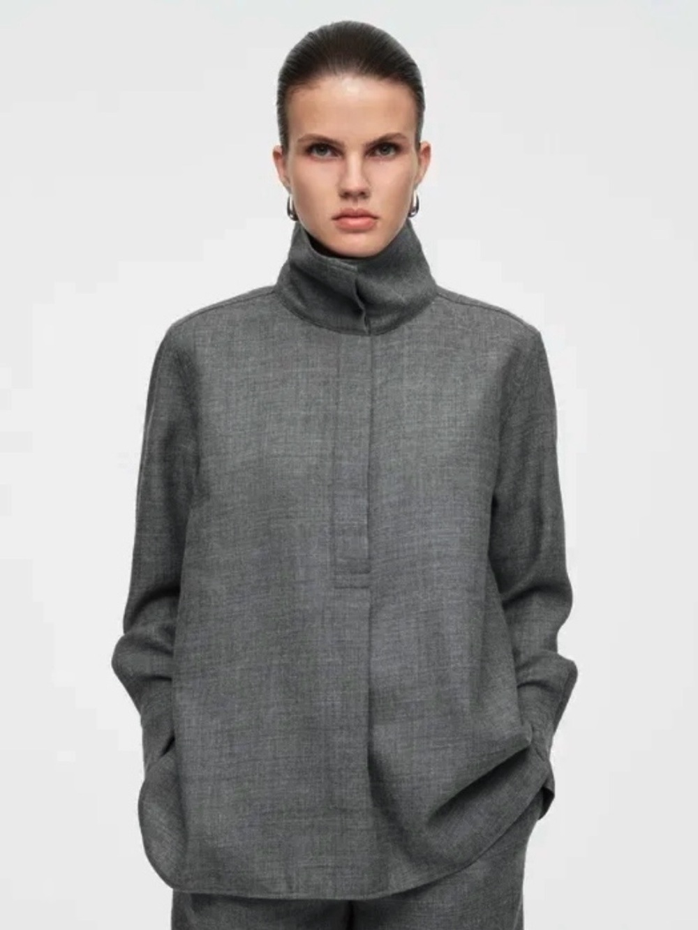 COS Funnel Neck Wool Flannel Shirt in Grey Mélange Size 8
